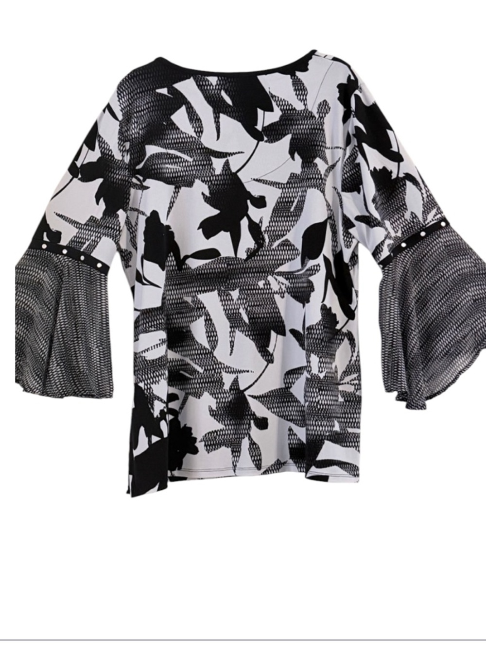 JM Collection Black White Floral Bell Sleeve O-Ring Keyhole Top Size L - Picture 2 of 11